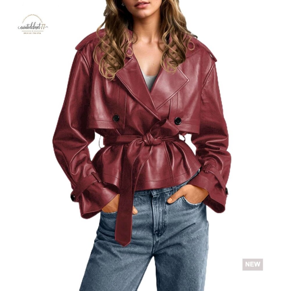 Faux Leather Trench Coat Belted Moto Jacket Classic Chic Business Casual